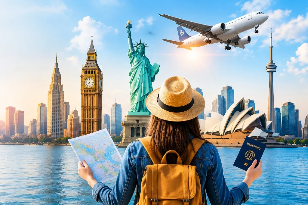 International traveler with passport and map exploring global landmarks